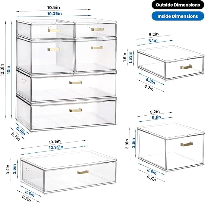 LALOBLUE Stackable Storage Drawers, 6 Pack Clear Acrylic Organizer Bins with Golden Handles, Multi-Size Plastic Drawers for Makeup, Vanity, Kitchen, Bathroom, Office, Pantry Organization and Storage