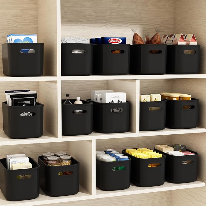 ORGIDOL 12 Pack Black Plastic Storage Bins, Storage Container for Organizing, Storage Boxes with Handle for Shelves, Cute Organizer Bins for Craft, Snacks, Pantry, Cabinet, 8.7x6.7x5.66inch