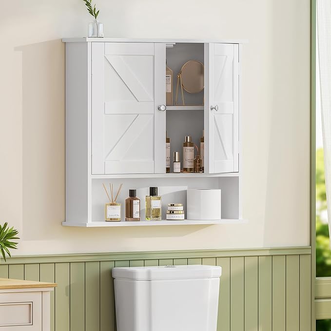 TEENFON Bathroom Wall Cabinet, Bathroom Cabinet with Barn Doors & Adjustable Shelf, Over The Toilet Storage Cabinet, Medicine Cabinet, White UNGGX001WV1