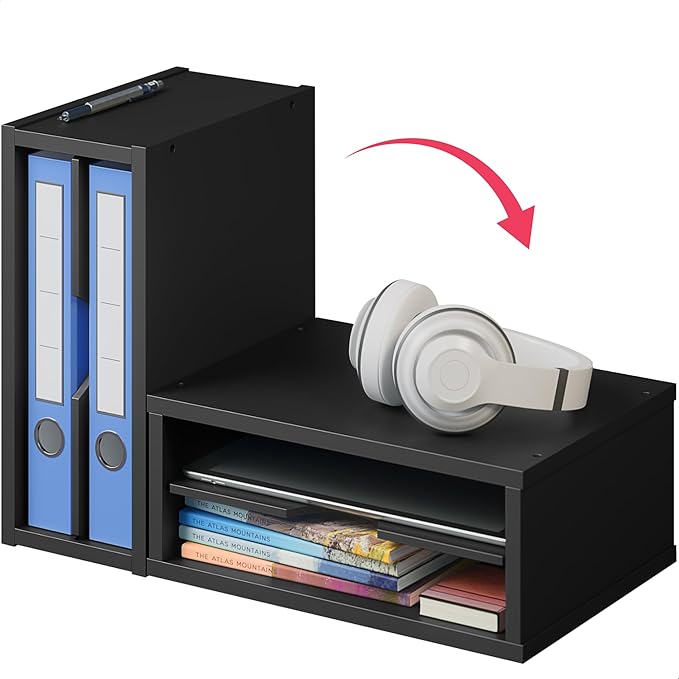 Ballucci File Organizer, 2-Tier Document Paper Sorter, Stackable Wood Desk Organizer Mail Holder, Monitor Stand with Storage Shelves, Black