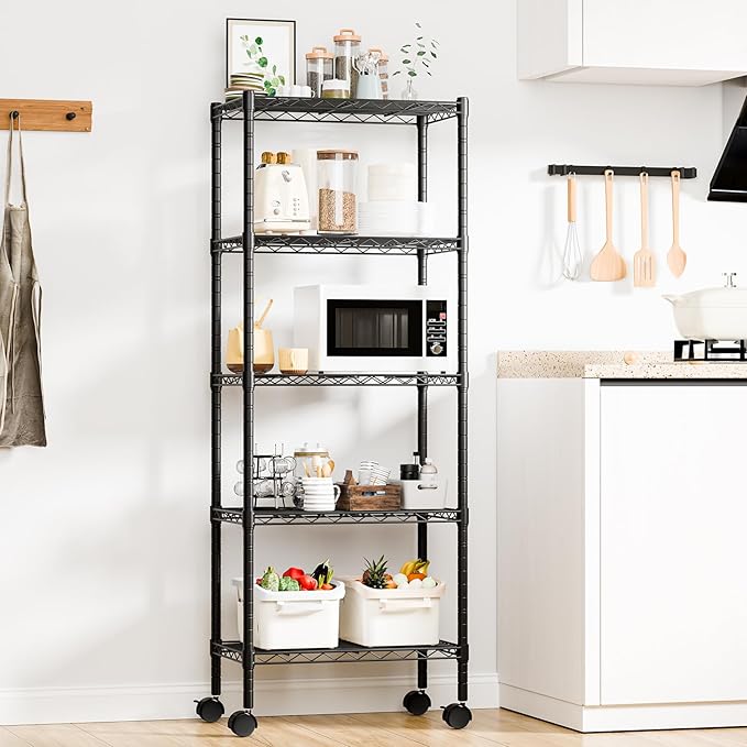 DUMOS 5-Tier Metal Wire Storage Shelves, Adjustable Standing Storage Rack Shelf with Wheels, Heavy Duty Steel Shelving Unit Organizers for Kitchen Bathroom Pantry Garage, 23.2"W×13.4"D×59.1"H, Black