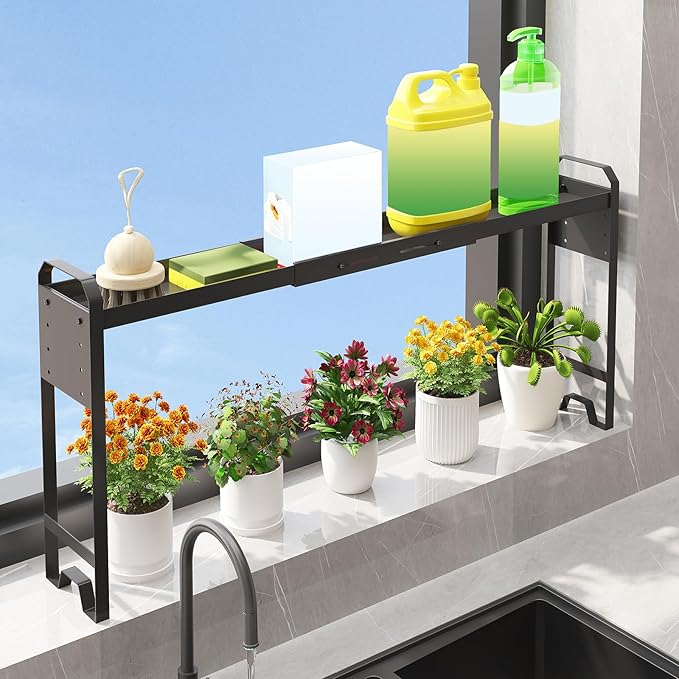 Over The Sink Shelf & Window Plant Shelf, Expandable Kitchen Organization Adjustable in Height & Length, Multi-Purpose Storage Rack for Stove, Bathroom, Study