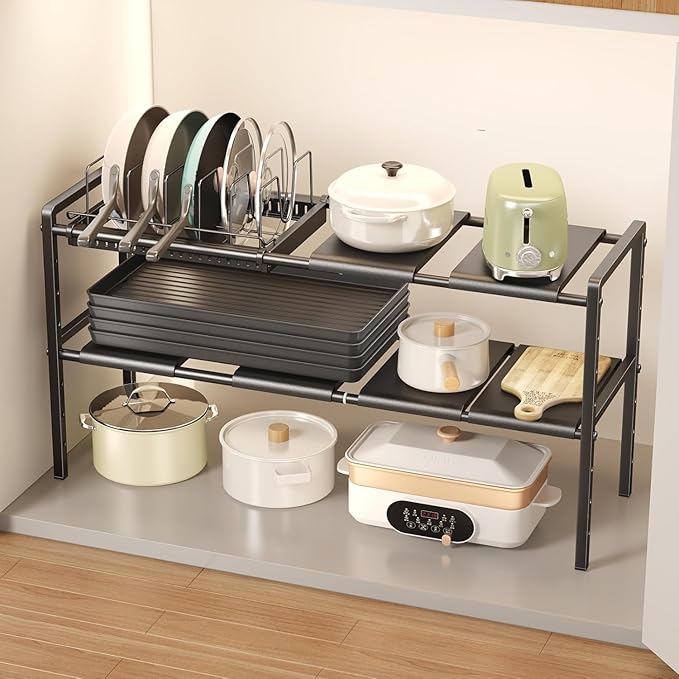 Pots and Pans Organizer Under Cabinet, 6panels,1 Pot rack, Black