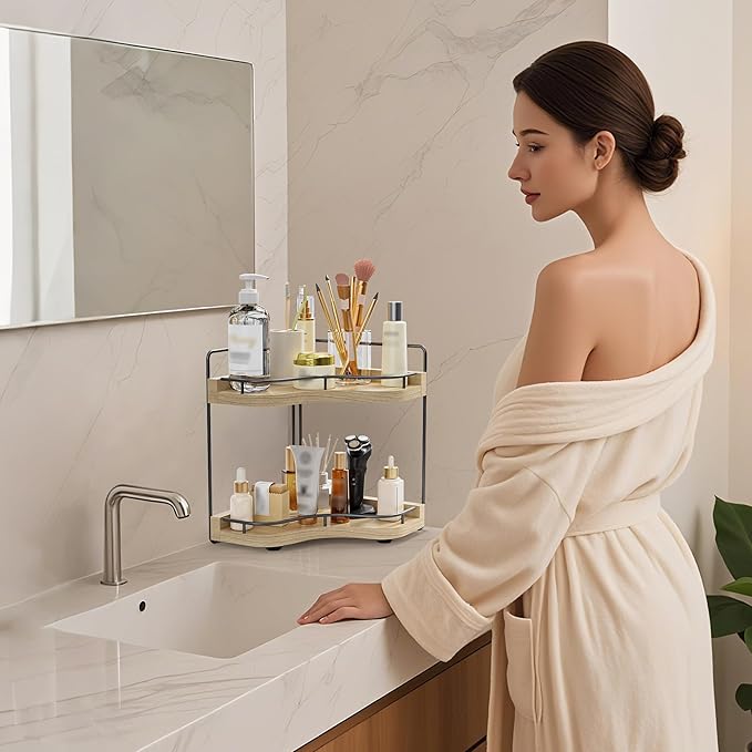 2-Tier Corner Bathroom Counter Organizers, Stable Wood Vanity Shelf for Perfume, Skincare & Makeup, Larger Size Countertop Organizer and Storage for Bathroom, Kitchen and Dresser(Light Brown)