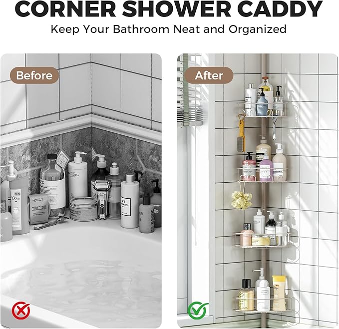 Corner Shower Caddy Tension Pole, 4 Tier Adjustable Bathroom Organizer Shelves
