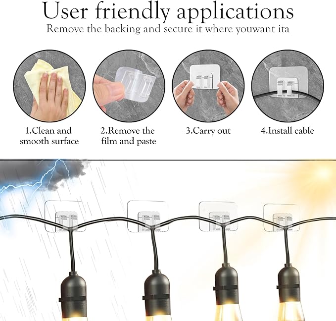80Pcs Hooks for Outdoor String Lights Clips: Heavy Duty Cable Clips with Waterproof Adhesive Strips for Hanging Christmas Light - Outside UV-Resistant Clear Sticky Cord Holders Rope Organizer