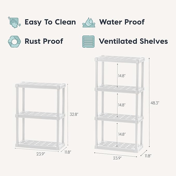 USA 4-Shelf Light Duty Plastic Storage Shelves, 200lb Capacity, White