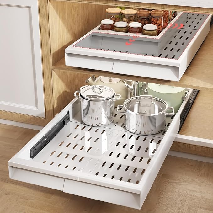 Seinloes Pull Out Cabinet Organizer, 4-Side Expandable to Fit Most Cabinets, 3 Rail Slide Out Drawers with Raising Pad for Framed & Frameless Cabinets, 11"-16" W x 17"-24" D, White, 2 Pack