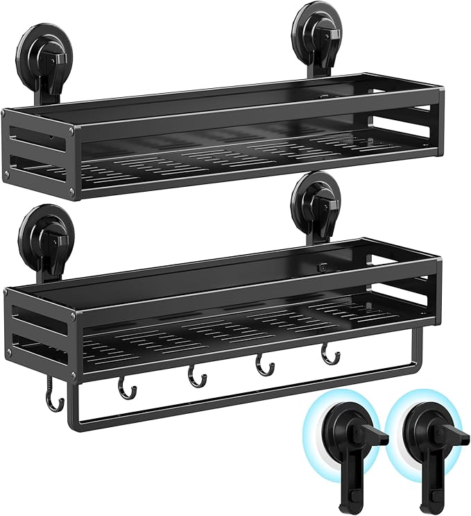 Suction Cup Shower Caddy, 15.7 inch Extended Version, 5 Hooks & Towel Rrack, No Drilling Required, Rust-resistant Bathroom Shower Organizer,with 2 Extra Suction Cups for Replacement Use(2Pack-Black)