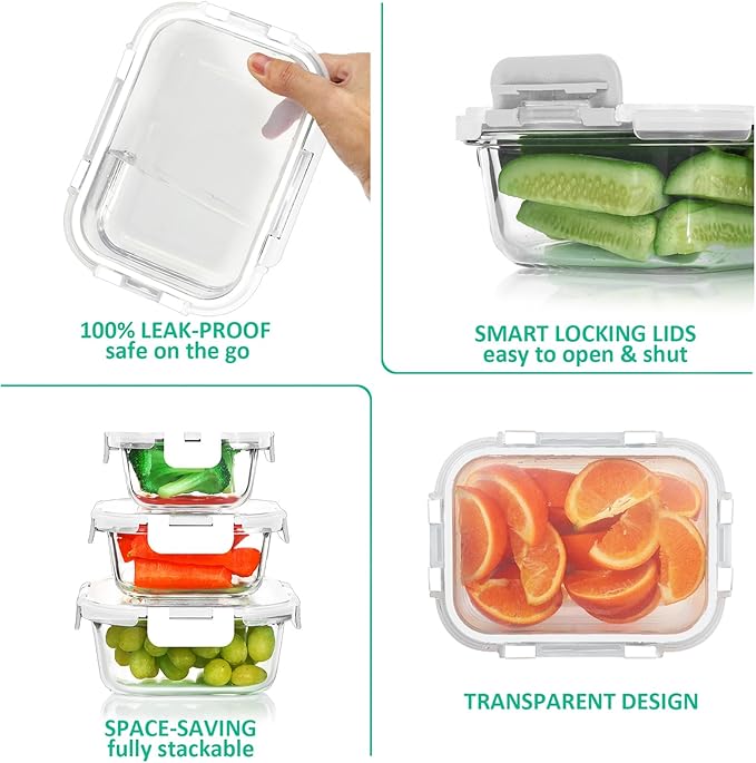 KOMUEE 24 Pieces Glass Food Storage Containers Set, Meal Prep Containers, BPA-Free Airtight Glass Storage Containers with lids,Freezer, Microwave and Oven Safe,White