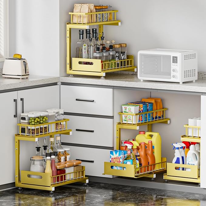 Saydear Under Sink Organizer, 2-Tier Premium Metal Pull-Out Racks with Adjustable Height, Heavy Duty Sliding Bin for Bathroom and Kitchen Cabinet Storage, Rust Resistant 2 Pack