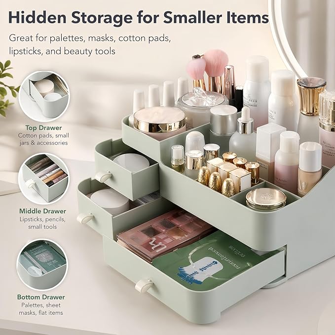 Makeup Organizer with 3 Drawers, Large Vanity Storage for Skincare, Perfume, Lipstick and Brushes, Countertop Cosmetic Holder for Bathroom, Dresser or Bedroom, Green
