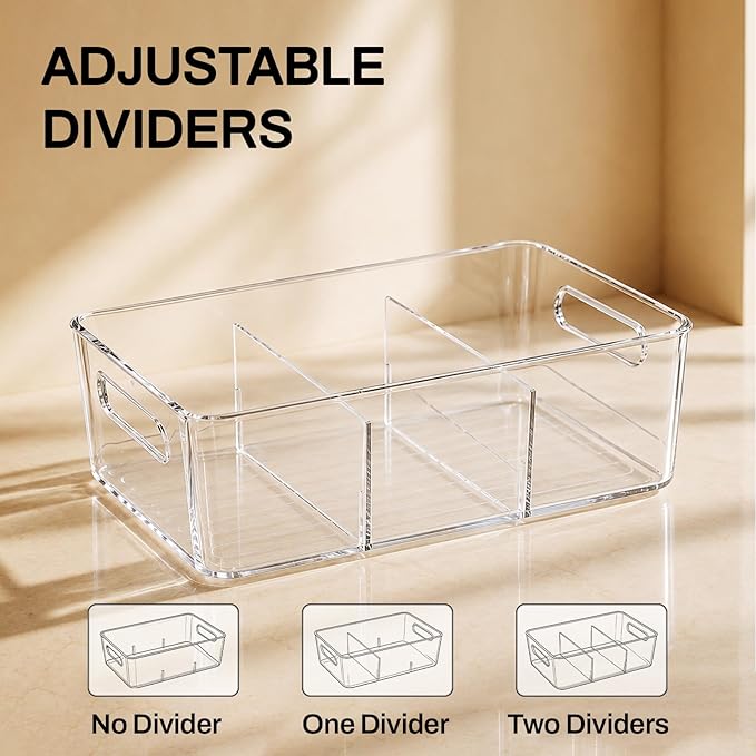 Mpotmiy 10 Pack Pantry Organizers and Storage,Clear Plastic Containers with 2 Dividers for Kitchen,Fridge Organization and Storage,Acrylic Bins for Pounches,Spice Packet,Snack organzier