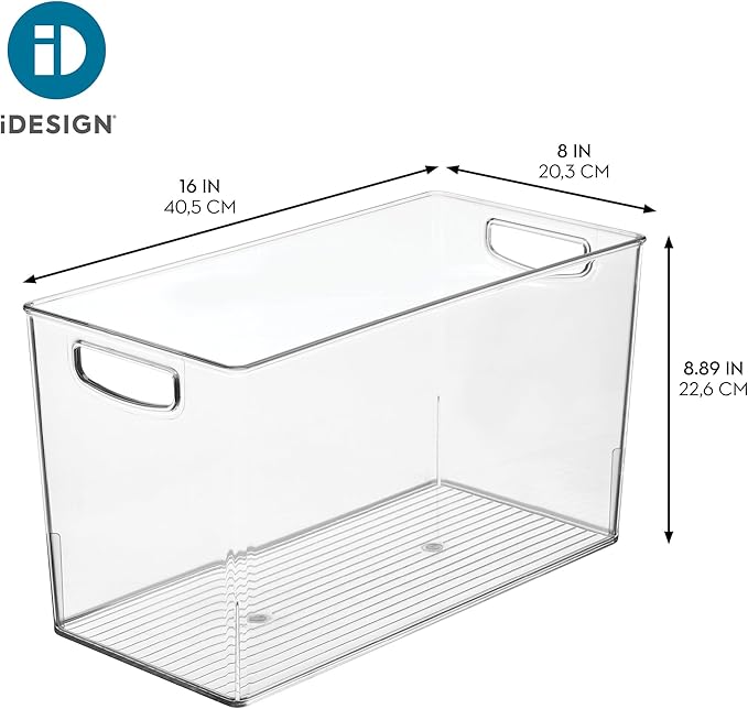 iDesign Pantry Bin with Handles - Kitchen Storage Bins for Cabinets, Pantry, or Fridge - Clear