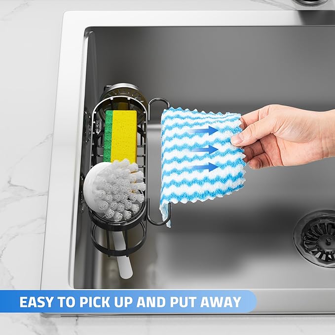 Cisily Kitchen Sink Caddy Sponge Holder in The Sink, Suction cup-Black