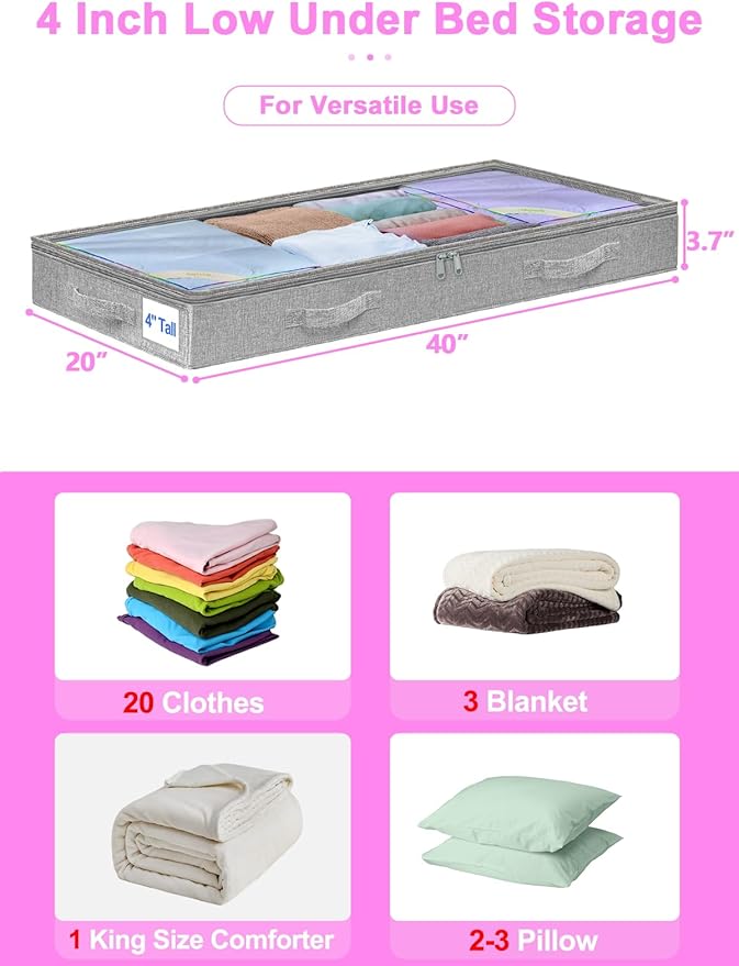 punemi 4 inches Under Bed Storage Containers, Low Profile Underbed Storage, NO STRUCTURE, Soft Foldable Underbed Cloth Storage Bags, Zipper Blanket Storage Container, 2Pack, Grey, 20x40x3.7in