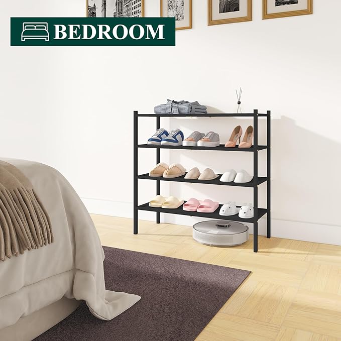 Bamboo Shoe Rack, 4 Tier Shoe Organizer for Entryway & Closet, Black