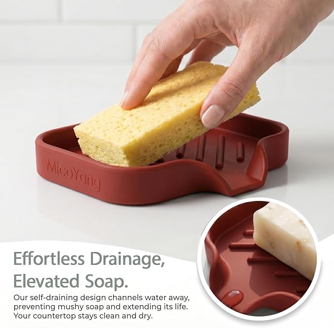 MicoYang Silicone Soap Dish with Drain Spout — Self-Draining Sink Organizer Tray for Bathroom & Kitchen, Holds Bar Soap, Sponges & Dispensers, Non-Slip & Dishwasher Safe, Red (Small, 4.9"×3.2")
