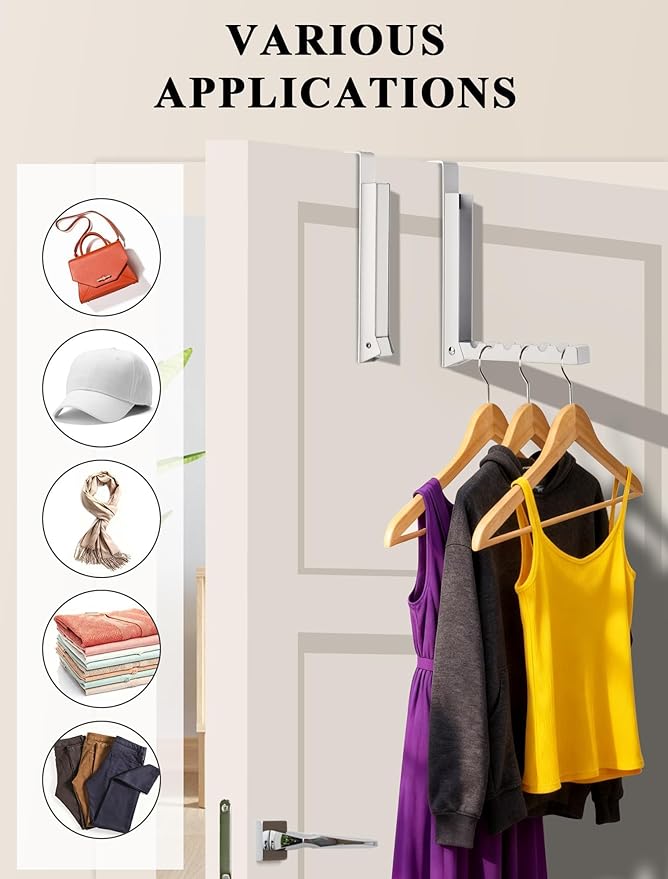 2-Packs Over the Door Hanger Hooks with Extra Anti-slip Pads, Metal Folding Clothes Drying Racks for Laundry, Dorm, Portable Space Saving Coat Towels Organizer Rack for Travel, Hanging Storage