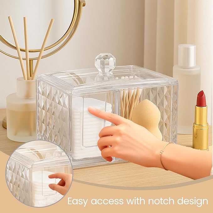 Cotton Swab Holder - Compact Bathroom Canister with Lid and 3 Compartments for Organizing Cotton Ball, Swab, Pad - Acrylic Bathroom Storage Jar Compatible with Q Tips
