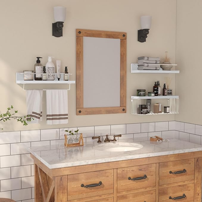 PopiShelves Bathroom Shelves Over Toilet for Wall, Floating Shelves with Storage Basket Paper Holer for Kitchen Living Room, Bedroom & Classroom, Set of 3 (White)