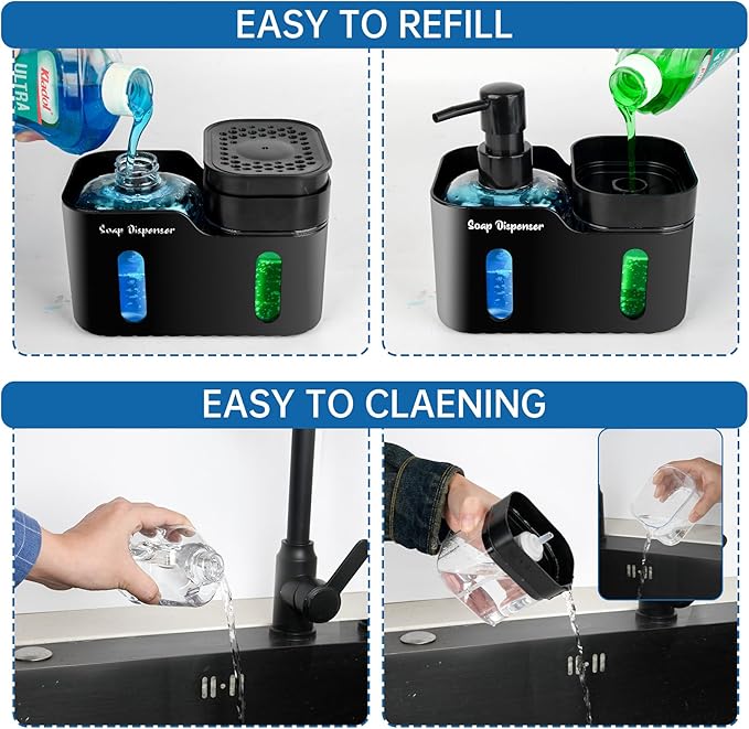 Hand Soap and Dish Soap Dispenser Set for Kitchen, Dual Soap Dispenser with Sponge Holder and Dishcloth Holder 4-in-1 Organizer for Kitchen Sink Countertop, Useful Kitchen Gadgets (Black)