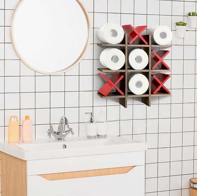 Weysat Tic Tac Toe Toilet Paper Holder Stand Bathroom Wall Decor Rustic Wooden Hanging Storage Freestanding Wall Mounted Shelves Decor for Toilet Tissue Farmhouse