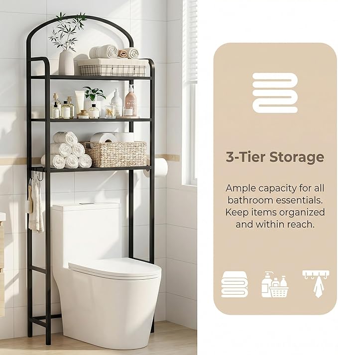Over The Toilet Storage Rack - 3 Tier Bathroom Organizer with 4 Hooks & Paper Holder - Space Saving Metal Shelf for Bathroom - Black Toilet Storage