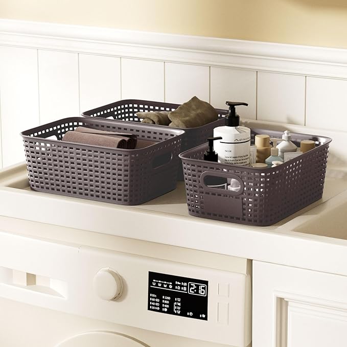 6Pcs Storage Bins with Lids, Stackable Plastic Storage Basket with Bamboo Lid, Pantry Organizer Box Small Containers for Organizing Shelves Drawer Desktop Closet Cabinet Office Classroom 10x7.1x4.1in