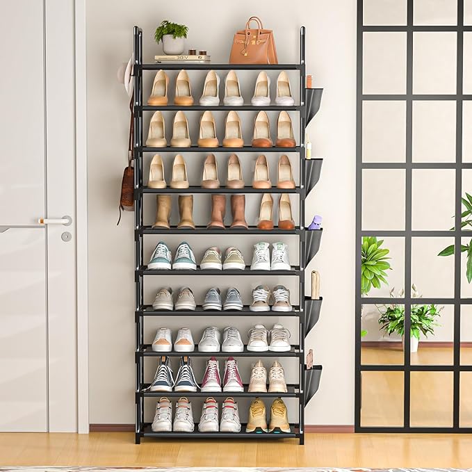LUKYTOWER Tall Shoe Rack - 10 Tier Shoe Organizer with 5 Hooks, Pocket & Sturdy Stand for Closet Shoes