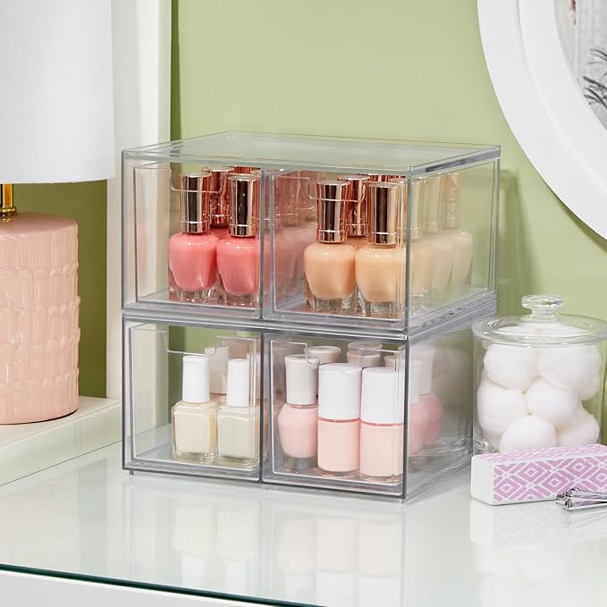 STORi Stackable Desk Organizer drawers, Clear Pen Pencil Makeup Brush drawers for Desktops and Vanities, 4 Tall Drawers (Made in USA)