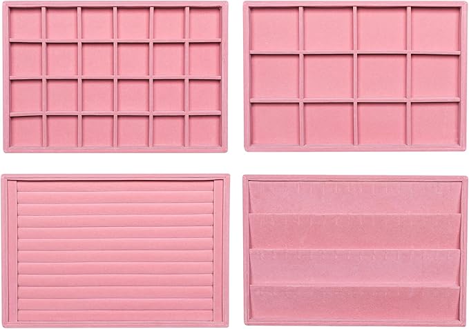 Frebeauty Stackable Velvet Jewelry Organizer Trays for Drawers Inserts Jewelry Storage Tray Display Case, Stud Earrings Bracelets Necklace Rings Accessories Trays for Women(Set of 4)(Pink)