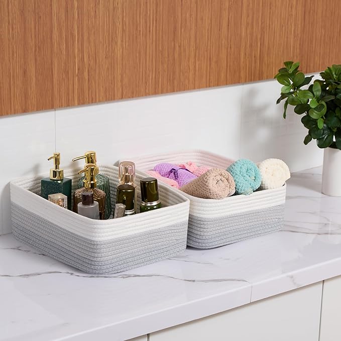 MiniArk Large Shallow Organizing Baskets 15x11x5.1 Inches - Rope Woven Storage Bins for Bathroom, Shelves, Cube Closet, Gradient Grey 2 Packs