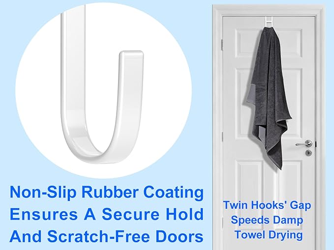 Over the Door Twin Metal Hooks with Plastic Coating 1 Year Returnless Refund 5.5" Fit 0.5" to 1 3/8" Door 2 Sets Heavy Duty Towel Robe Rack Wreath Bathroom Shower Hanger Shoe Organizer Ironing Board