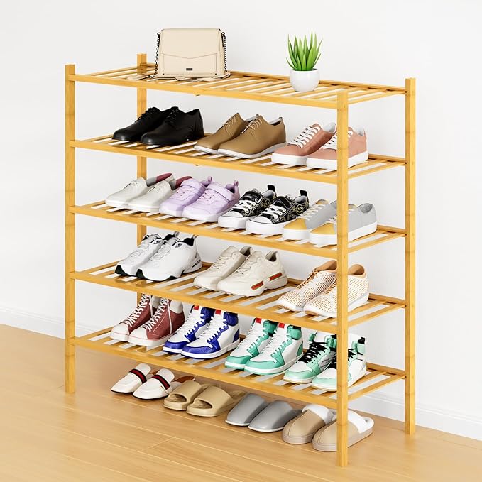Smiry Long Bamboo Shoe Rack, 5 Tier Free Standing Wooden Shoe Organizer, Stackable Wood Shoe Storage Shelf for Closet, Entryway, 12 Vertical Slats, 2+2+1 Stack Standard Legs, 33.7"x11"x32.5", Natural