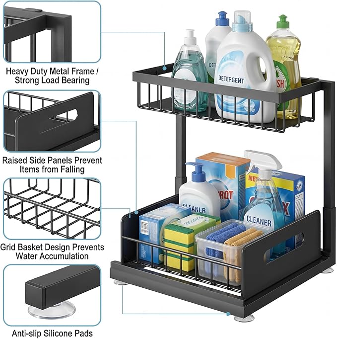 Under-Sink Storage Organizer (2-Pack) — Double-Tier Pull-Out Cabinet Organizer with Sliding Drawers ，Heavy-Duty & Versatile Storage Rack for Kitchen, Bathroom, and Pantry，Black