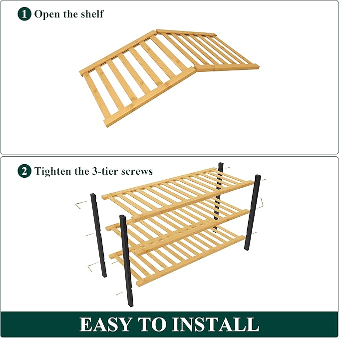 Smiry Bamboo Shoe Rack for Closet, 3 Tier Wooden Shoe Organizer, Stackable Wood Shoe Storage Shelf for Entryway, 14 Vertical Slats, One-piece Heavy-Duty Legs, 26.77"x11.02"x18.31", Natural & Black
