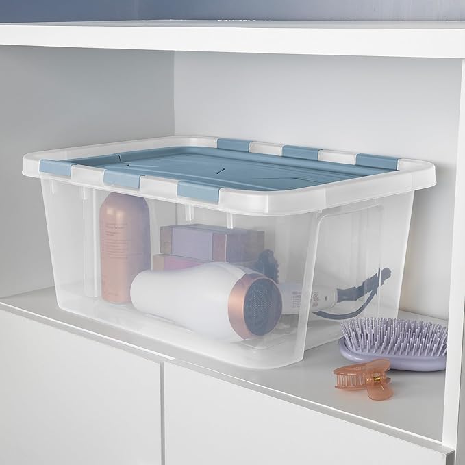 Sterilite 12 Pack Hinged Lid Storage Box, 20 Qt Plastic Container, Washed Blue - Home Organizer Tote for Storing Shoes, Crafts, Clothing, or Decor