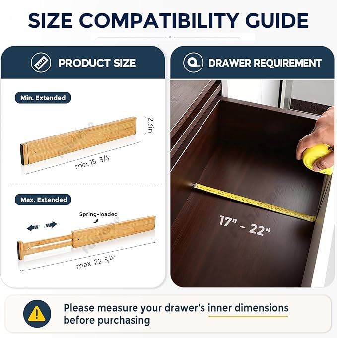 Drawer Divider 6 Pack, Bamboo Kitchen Dividers Organizers Adjustable 17''-22''