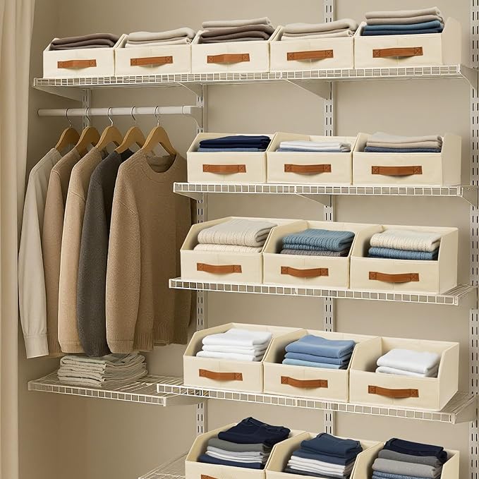 Homsorout Fabric Storage Bins for Organizing - 10 Pack Large Trapezoid Collapsible Storage Bins with Front Handle, Closet Organizers and Storage for Bedroom, Home Shelves, Small Spaces, Beige