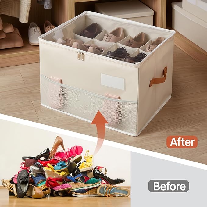 Shoe Organizer for Closet, Foldable Shoe Storage Organizer Containers with Clear Cover, Space Saving Shoes Holder with Handles, Beige (1, L)