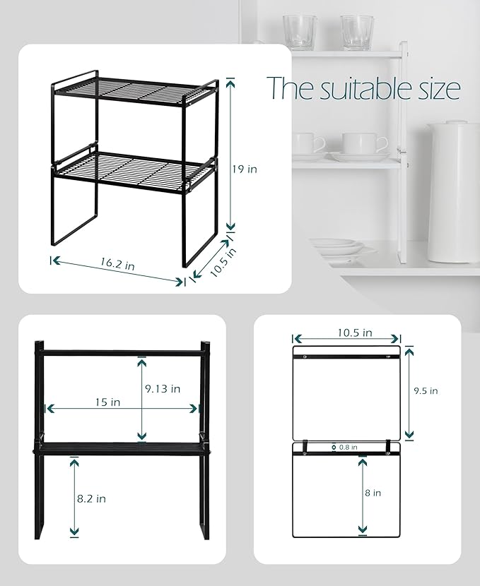 Shantton 2Pack Kitchen Cabinet Shelf Counter Organizer Rack Pantry Storage Bathroom Bedroom Office Table Desk Space Saving Stackable Rust Resistant Non Slip Black Tall Wide L16.1in W10.6in H9.5in