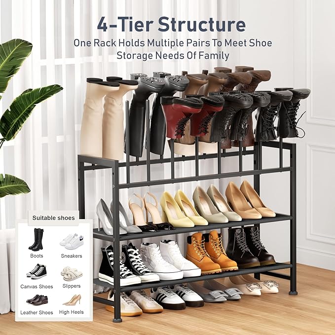 DIMJ Boot Rack 4-Tier - Black Metal Boot Storage Rack for Tall Boots Organizer, Multiuse Shoe Rack for Boots, Sneakers, High-Heel, Entryway, Fits 8-Pairs