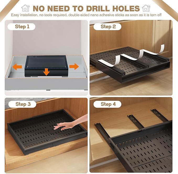 Seinloes Pull Out Cabinet Organizer, 4-Side Expandable to Fit Most Cabinets, 3 Rail Slide Out Drawers with Raising Pad for Framed & Frameless Cabinets, 13"-21" W x 17"-24" D, Black, 2 Pack