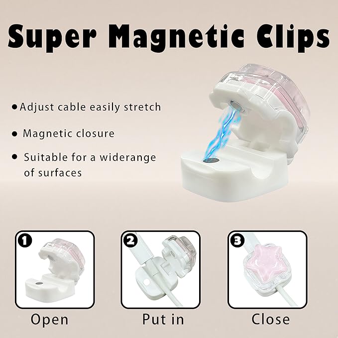 3Pack Magnetic Cable Clips for Nightstand, Adhesive Night-Glowing Cord Holder Organizer for Office Home Desk Wall Car (Star)