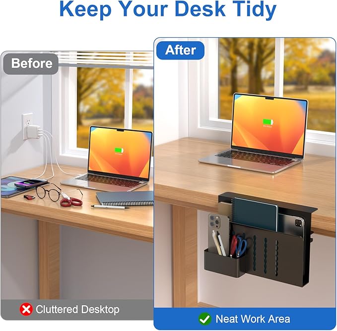 HAMOPY Desk Side Storage, Single-Layer Steel Hanging Desk Organizer with Magnetic Pen Holder, No Drilling Desk Drawer Cable Management Tray, Under Table Laptop Holder for Office, School&Home(Black)