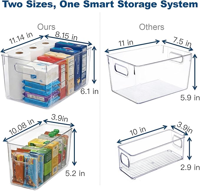 MOONEDGE 8 Pack Modular Clear Plastic Storage Organizer Bins – 4 Large & 4 Narrow, Nestable Space-Saving System for Pantry, Kitchen, Fridge, Bathroom & Cabinet Organization - Versatile & Easy to Use