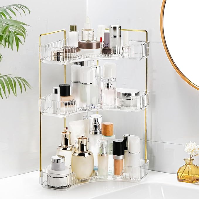 3 Tiers Corner Bathroom Counter Organizer, Clear Countertop Shelf Storage Rack