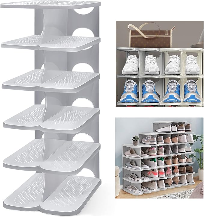 6-Tier Thickening Cubby Shoe Rack, Free Combination Shoe Organizer for Closet, Free Standing Shoe Tower, Stackable Space-Saving Adjustable Shoe Storage Shelf, Grey