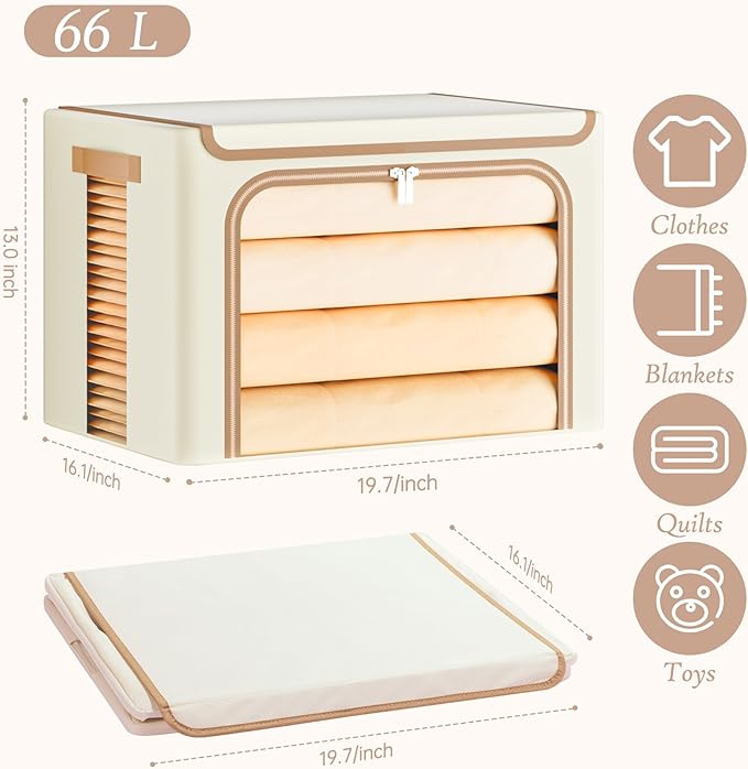 Clothes Storage Bins with Metal Frame, 3 Pack,Beige,66L